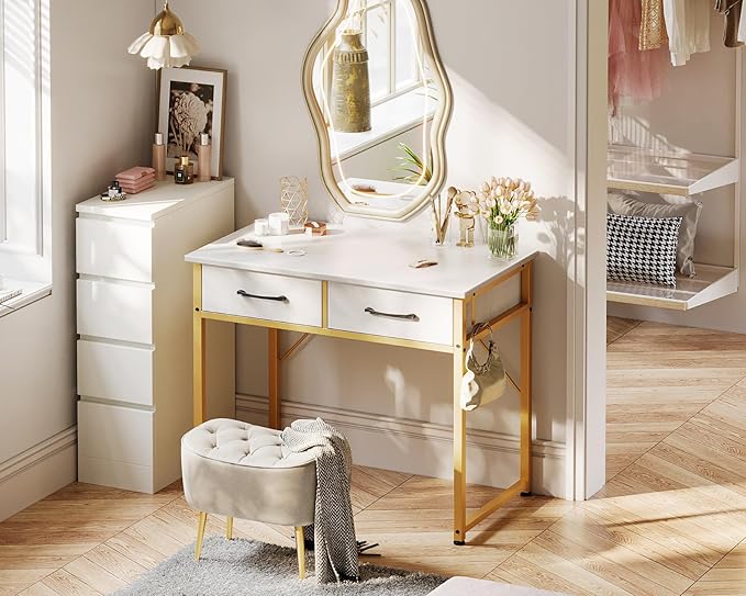 ODK Vanity Desk Without Mirror, Makeup Vanity with 2 Fabirc Drawers, White Vanity Dressing Vanity Table with Versatile Hook, 32 Inch Small Vanity for Bedroom, Desk Make Up for Girls, White and Gold