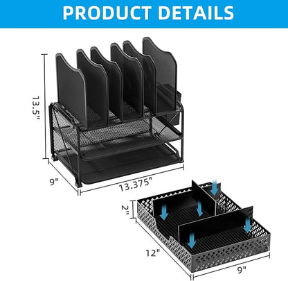 Simple Trending Mesh Desk File Organizer, Office Supplies Desktop Storage with Sliding Drawer, Double Tray and 5 Upright Section Sorter Organizer, Black