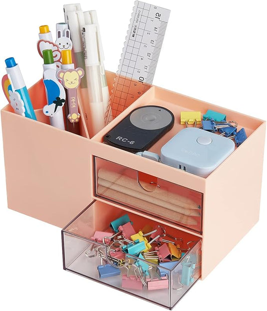 LETURE Office Desk Organizer with drawer, Office Supplies and Desk Accessories, Business Card/Pen/Pencil/Mobile Phone/Stationery Holder Storage Box (Pink)