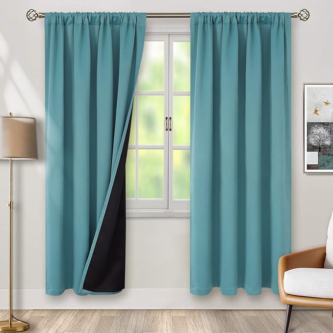 BGment 100% Blackout Curtains for Bedroom with Black Liner, Double Layer Full Room Darkening Thermal Insulated and Noise Reducing Rod Pocket Curtain (42 x 72 Inch, Sea Teal, 2 Panels)