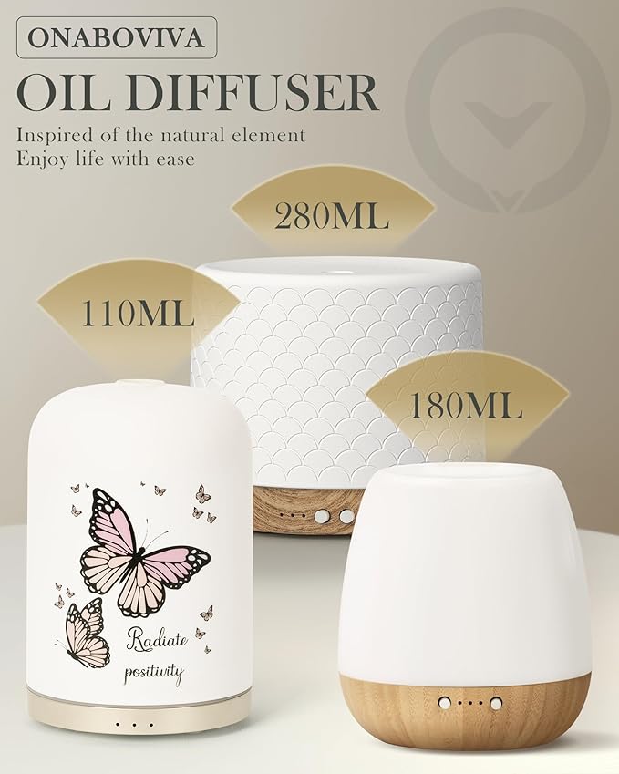 110ML Essential Oil Diffuser, Ceramic Diffusers for Essential Oils Large Room, Fragrance Aroma Diffuser with USB Cable, Warm Night Light and Auto-Off for Home Office Yoga Pilates,Butterflies