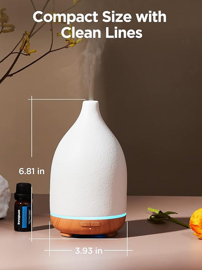 InnoGear Oil Diffuser, 150ML Ceramic Diffuser for Essential Oils Handcrafted Aromatherapy Diffuser Ultrasonic Cool Mist Humidifier with 2 Mist Modes Waterless Auto Off for Room Office, White