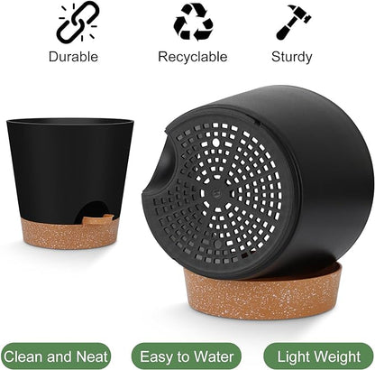 Indoor Self Watering Planters with Drainage Holes and Saucers, 8, 7, 6.5, 6, 5.5, 5 Inches, Black, 6 Pots