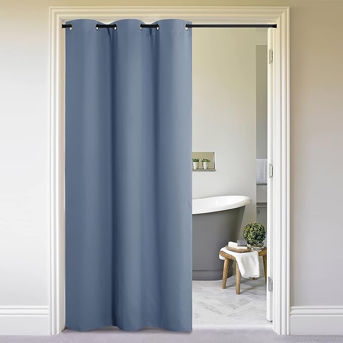 NICETOWN Faux Folding Accordion Doors, Front Door Curtains, Privacy Blackout Cloth Fabric, Living Room Bedroom Divider/Sliding Patio Decor Decoration (1 PCs, 9ft Tall x 5ft Wide, Stone Blue)