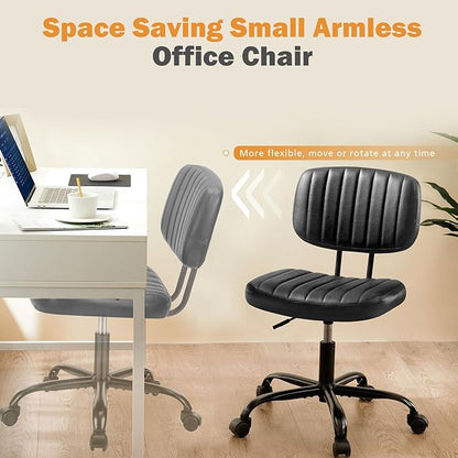 Sweetcrispy Small Office Desk Chair with Wheels Armless Comfy Computer Chair with Lumbar Support, PU Leather Low Back Adjustable Height 360° Rolling Swivel Task Chair Without Arm for Home, Bedroom