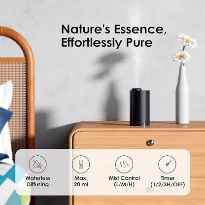 Waterless Diffuser for Essential Oil Nebulizer Battery Operated Mini Scent Air Machine Aromatherapy Atomizing Diffuser 1/2/3H/Continous Mode 3 Mist Level for Home Room Cars Office AN6 Black