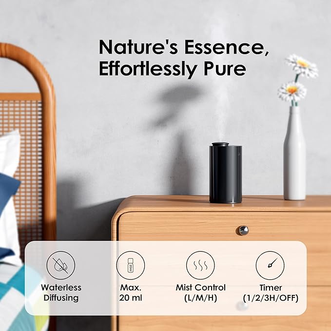 Waterless Diffuser for Essential Oil Nebulizer Battery Operated Mini Scent Air Machine Aromatherapy Atomizing Diffuser 1/2/3H/Time Off 3 Mist Level for Home Office (AN6 Black+ Extra Nozzle)