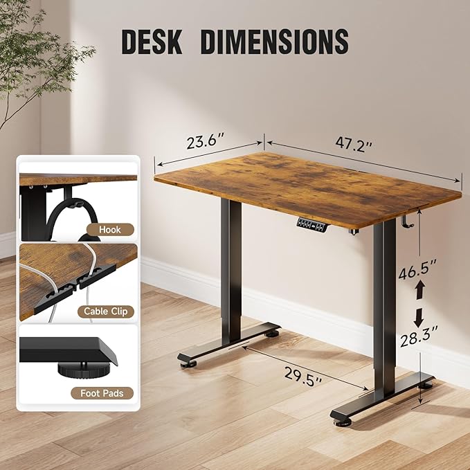 Veken 47.2 Inch Electric Standing Desk, Height Adjustable Sit Stand Up, Cable Clip, Wood Desktop, Work Home Office Computer PC Table, Writing Study Rising Desks, Brown