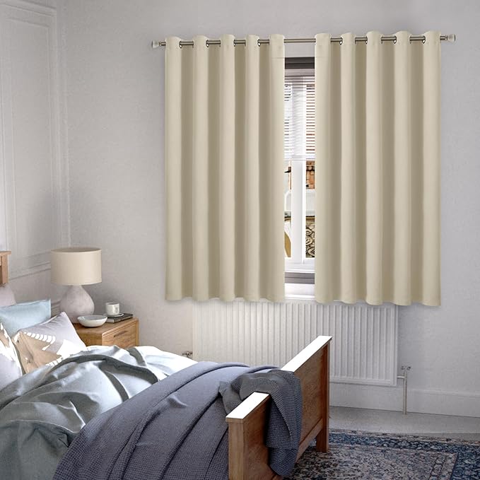 Extra Wide 100% Blackout Curtains for Bedroom 63 Inch Length 2 Panels Set, Thermal Insulated Full Light Blocking Soundproof Grommet Window Curtains for Living Room, Each 60 Inch Wide, Beige