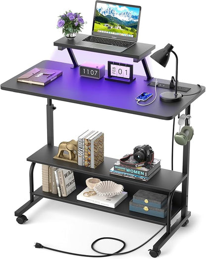 Height Adjustable Standing Desk with Power Outlets and LED Lights - 32" Manual Stand Up Desk with Monitor Stand and Storage Shelves Small Mobile Rolling Computer Desk Portable Laptop Table, Black