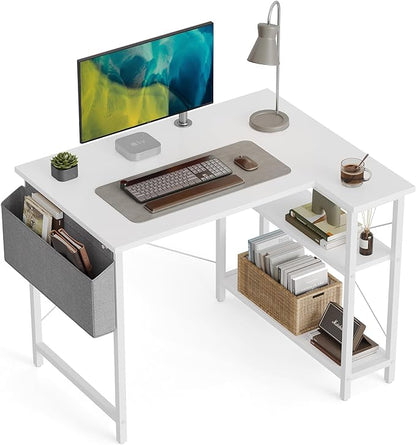 CubiCubi L Shaped Desk, 40 Inch Computer Desk with Reversible Storage Shelves Home Office Corner Desk Study Writing Table, White