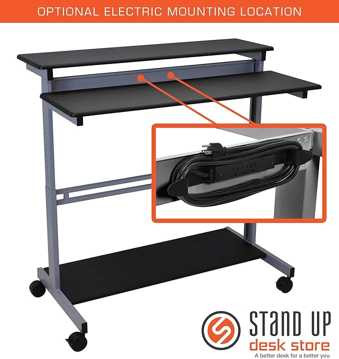 Stand Up Desk Store Rolling Adjustable Height Two Tier Standing Desk Computer Workstation (Silver Frame/Black Top, 48" Wide)