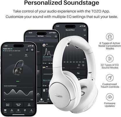 TOZO HT2 Hybrid Active Noise Cancelling Headphones, Wireless Over Ear Bluetooth Headphones, 60H Playtime, Hi-Res Audio Custom EQ via App Deep Bass Comfort Fit Ear Cups, for Home Office Travel White