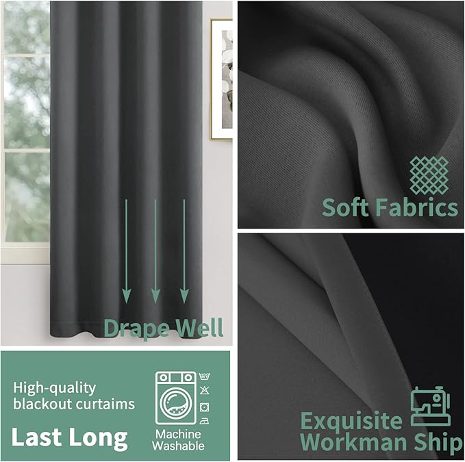 Dark Grey Blackout Curtains 84 Inch Length 2 Panels Set for Living Room, Thermal Insulated 100% Light Blocking Soundproof Grommet Window Curtains for Bedroom with Black Liner, Each 52 Inch Wide