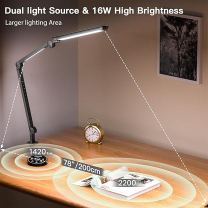 LED Desk Lamp with Clamp, 16W Desk Light for Home Office, Stepless Dimming and Adjustable Color Temperature,Office Lamp with Memory and Timer Function for Study, Work, Home, Office