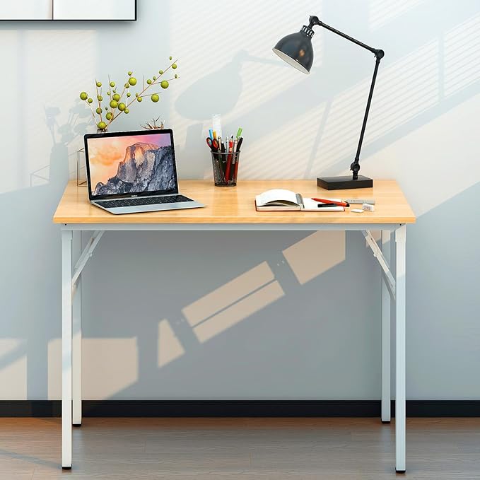 Need Folding Desk for Home Office 39-3/8 inch Length Modern Folding Table Computer Desk No Install Needed Teak Color Desktop White Frame AC5BW(100 * 60)