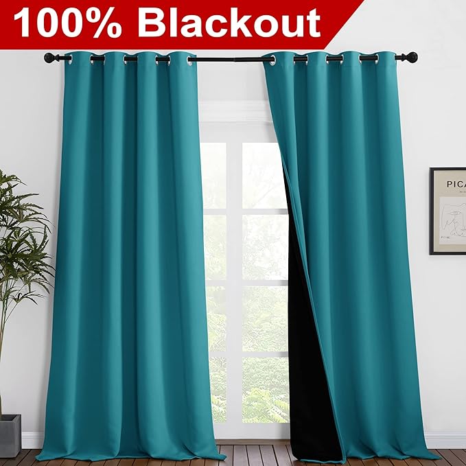 NICETOWN Full Shading Curtains for Windows, Super Heavy-Duty Black Lined Blackout Curtains for Bedroom, Privacy Assured Window Treatment (Peacock Teal, Pack of 2, 55 inches W x 102 inches L)