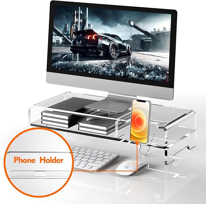 BEYGORM Acrylic Monitor Stand Riser, Wide 20", 2 Tier Computer with Storage, Desk Organizer Desktop Printer Laptop Storage Shelf Screen Holder Phone Holder(Clear)