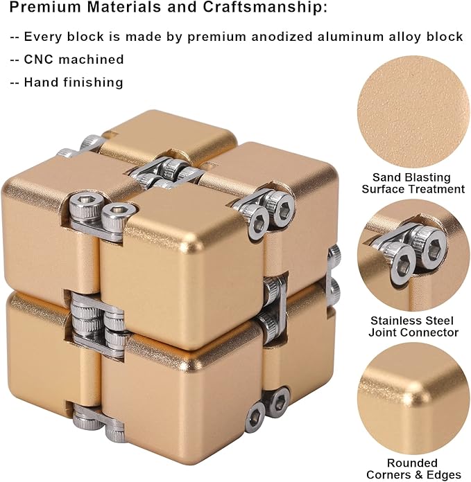 Aluminum Alloy Metal Infinity Cube Fidget Cube (6 Colors) Handheld Fidget Toy Desk Toy with Cool Case Infinity Magic Cube Relieve Stress Anxiety ADHD OCD for Kids and Adults (Gold)