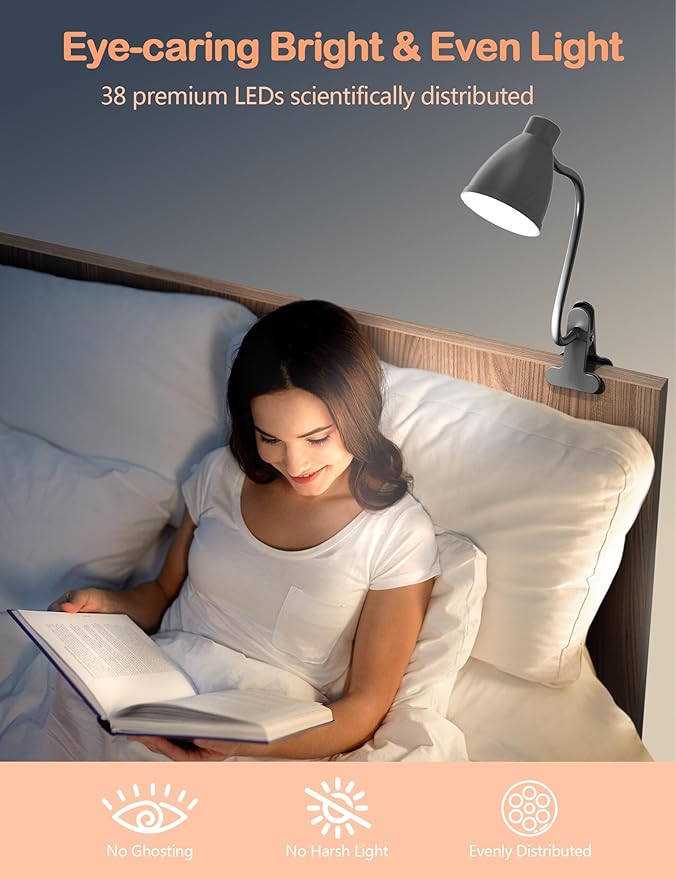 BOHON Desk Lamp 3 Color Modes 10 Brightness Dimmer Reading Light 10W 38 LED Clamp Lamp with Auto Off Timer 360° Flexible Gooseneck Clip on Light for Bed Bedside, AC Adapter Include