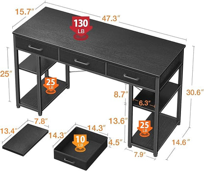 ODK Office Small Computer Desk: Home Table with Fabric Drawers & Storage Shelves, Modern Writing Desk, Black, 48"x16"