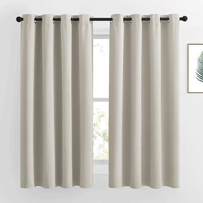 NICETOWN Natural Blackout Curtains 63 inch Long - Grommet Window Treatment Thermal Insulated Solid Room Darkening Sound Dampening Drapes for Living Room, 2 Panels, W52 x L63