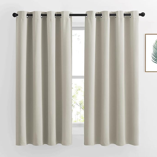 NICETOWN Natural Blackout Curtains 63 inch Long - Grommet Window Treatment Thermal Insulated Solid Room Darkening Sound Dampening Drapes for Living Room, 2 Panels, W52 x L63