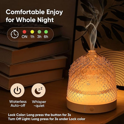 Glass Essential Oil Diffuser, 200ml Ultrasonic Aroma Diffusers with Glass Reservoir Dome & White Plastic Base Lock Color Auto-Off Timer 7 Color Light for Home Office Bedroom Yoga