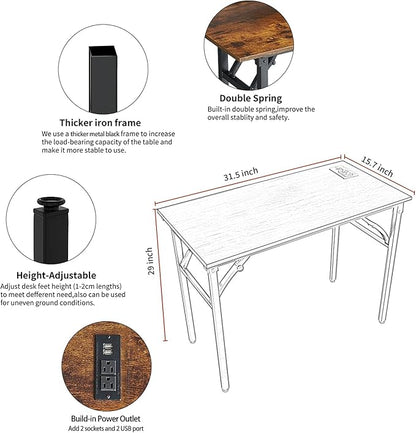 TEMI Folding Desk with USB & Socket 31.5", Computer Desk with Outlet for Home Office, Folding Table for Bedroom, Office Desk for Small Space, Small Desk with Black Frame, Rustic Brown