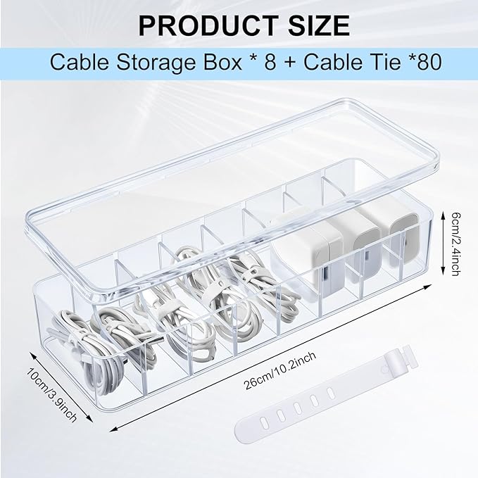 Tatuo 8 Pcs Cable Organizer with 80 Wire Ties, Clear Plastic Cord Storage Box with Lid, Electronics Charger Organizer for Home Office Desk Organizers and Accessories