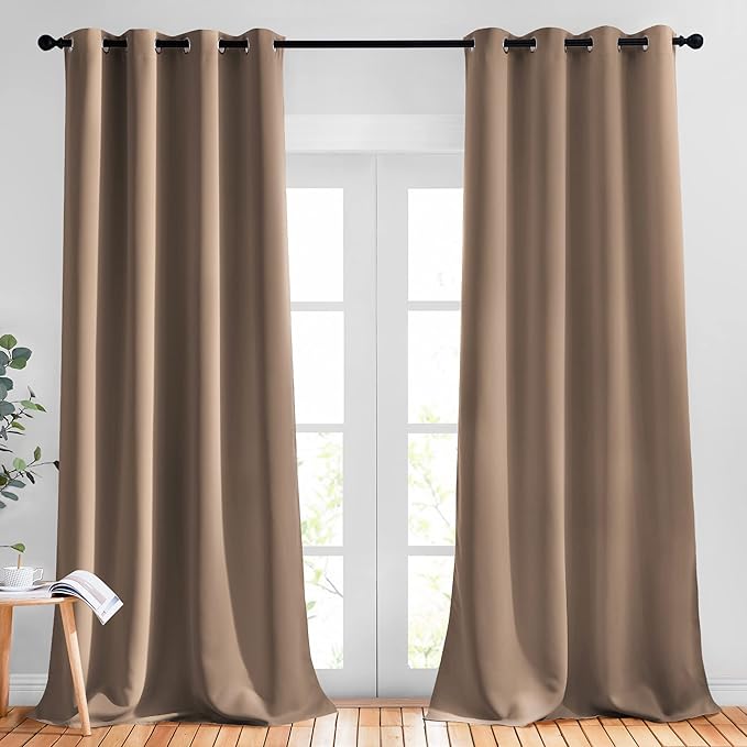 NICETOWN Light Reducing Grommet Curtains - (W52 x L108, Cappuccino, 2 Pieces) Tripe Woven Textured Soft Curtain Panels for Living Room Window Treatment Drapes