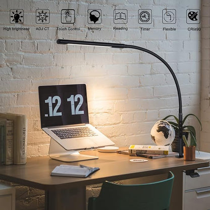 Desk Lamp, Eye-Caring Desk Light, Gooseneck Lamp with Clamp, Adjustable Color Temperature & Brightness, Clip on Lamp with Memory & Timer Function, Clamp Lamp for Home Office, 12W, Black