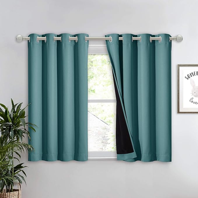 NICETOWN Small 100% Blackout Curtain with Black Liner, Thermal Insulated 2-Layer Lined Drape, Energy Efficiency Small Window Drapery for Dining Room (Sea Teal, 1 Panel, 52-inch W by 45-inch L)