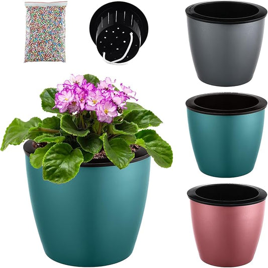 Planterhoma 3 Pack 6.7 Inch Self Watering Plant Pot for Indoor Plants, African Violet Pots for Plants with Wick Pot, Large Orchid Pot for Orchid, Self Watering Planter for Devil's Ivy,Spider Plant