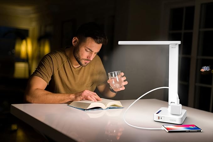 cozoo LED Desk Lamp with USB Charging Ports and Type C Port,2 AC Outlets,9 Lighting Modes,Touch/Memory/Timer Function,10W Eye Protection Foldable Reading Light,Study Lamp,Dorm Essentials Desk Light