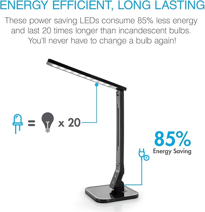 Tenergy 7W Dimmable LED Desk Lamp, 530 Lumens with 5 Dimming Levels, Touch Control with Auto Shut-Off Timer, Eye Protection Foldable Table Light for Home and Office