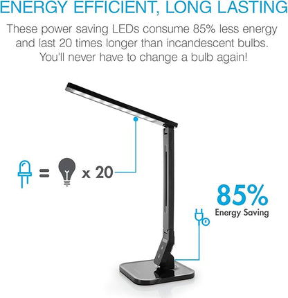 Tenergy 7W Dimmable LED Desk Lamp, 530 Lumens with 5 Dimming Levels, Touch Control with Auto Shut-Off Timer, Eye Protection Foldable Table Light for Home and Office