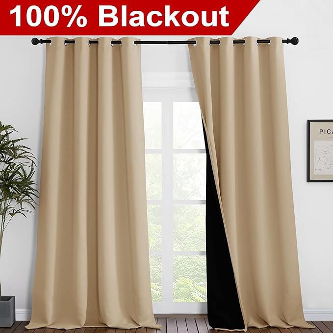 NICETOWN Thermal Insulated 100% Blackout Curtains, Noise Reducing Performance Drapes with Black Lining, Full Light Blocking Drapery Panels for Patio (Biscotti Beige, 1 Pair, 55 inches x 96 inches)