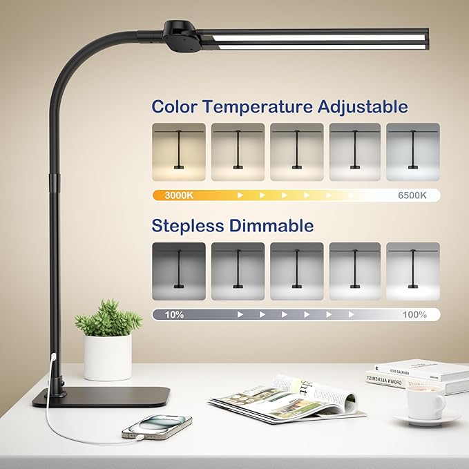 Desk Lamp with USB Charging Port for Home Office 24w Architect Remote Base Dual Task Led Light Modern 5 Color Modes Dimmable Adjustable Gooseneck Double Head Reading Drafting Eye Caring Tall Lamps