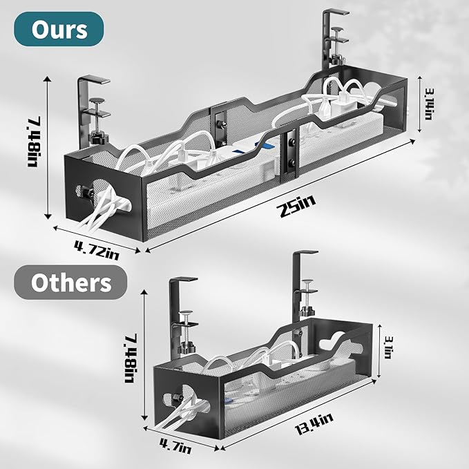 Under Desk Cable Management Tray, Litwaro Cable Management Under Desk No Drill, 25'' Metal Cable Tray with Clamp for Desk Wire Management, Desk Cord Organizer - No Damage to Desk