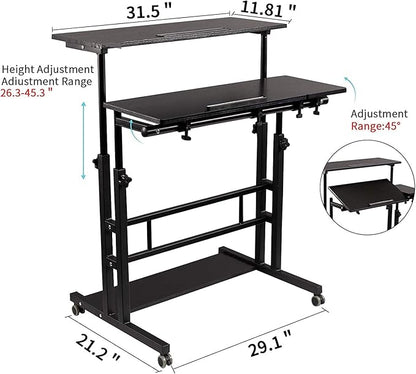 Hadulcet Mobile Standing Desk, Rolling Table Adjustable Computer Desk, Stand Up Laptop Desk Mobile Workstation for Home Office Classroom with Wheels, 31.49 x 23.6 in Black