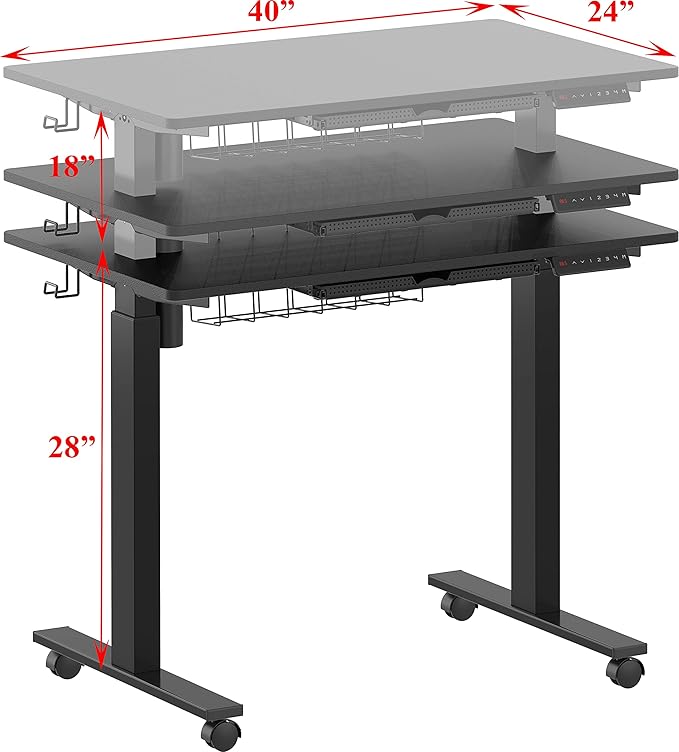 SHW Small Electric Height Adjustable Mobile Sit Stand Desk with Drawer, Hanging Hooks and Cable Management, 40 x 24 Inches, Black