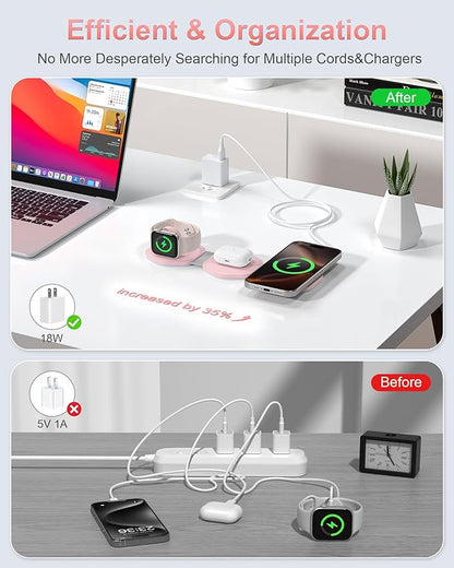 3 in 1 Charging Station for Apple MagSafe Charger, Foldable Magnetic Wireless Travel Charger Multiple Devices, Charging Pad for iPhone 16 15 14 13 12 Pro Max Plus Apple Watch & AirPod