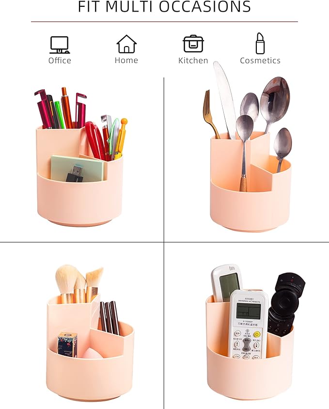 Desk Pencil Pen Holder, 3 Slots 360-Degree Spinning Pencil Pen Desk Organizers, Desktop Storage Pen Organizers Stationery Supplies, Cute Pencil Cup Pot for Office, School, Art Supply, Kids - Pink