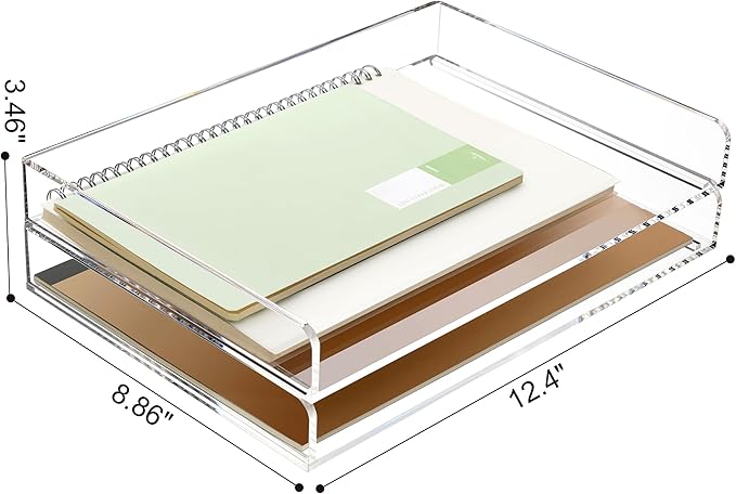 2 Pack- Stackable Paper Letter Tray, A4 File Tray Desk Organizer, Acrylic Desk Organizers and Accessories Sorter Tray, Clear Workspace Office Supplies Organizers, 12.4inx8.86inx3.46in