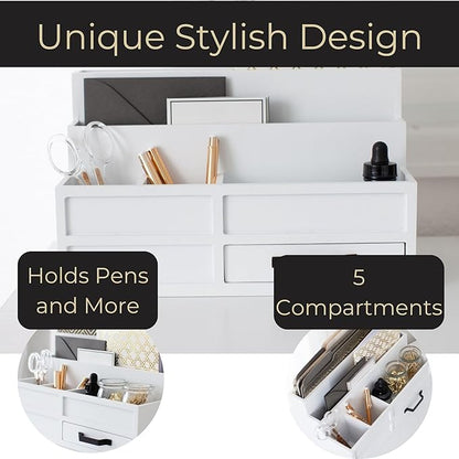 BLU MONACO White Wood Mail Organizer with Drawer and Pen Holder – Desk Mail Organizer and Sorter for Bills, Countertops, Kitchens, and Home Offices