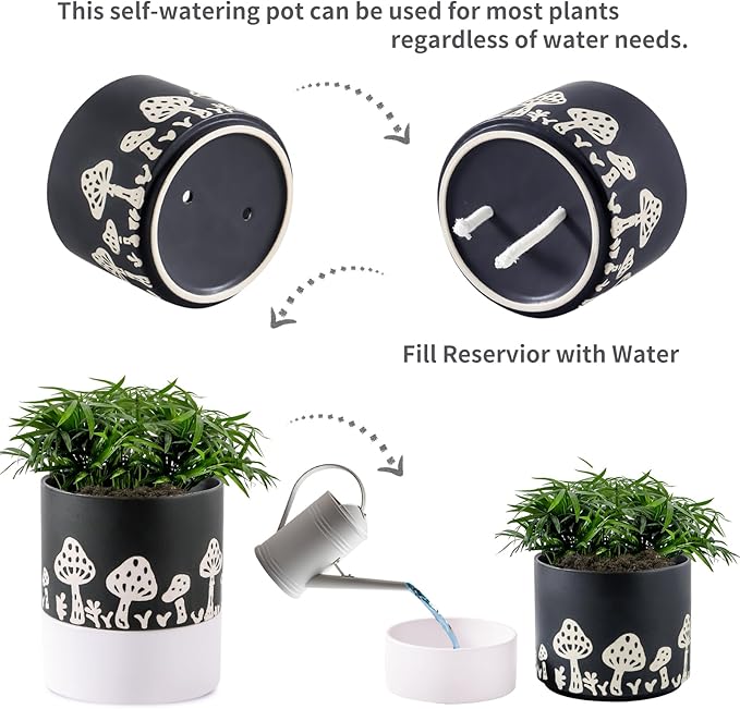 Nihow Self Watering Plant Pot: 6 Inch Ceramic Planter with Drainage Hole & Water Storage Plus for Indoor & Outdoor Plants - Cylinder Round Flower Pot for Succulent/Herbs/Violets -Black & White