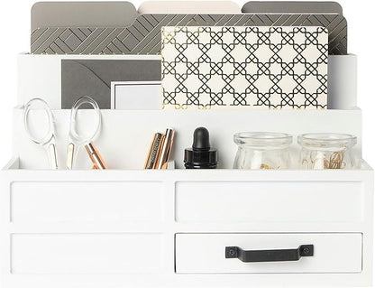 BLU MONACO White Wood Mail Organizer with Drawer and Pen Holder – Desk Mail Organizer and Sorter for Bills, Countertops, Kitchens, and Home Offices