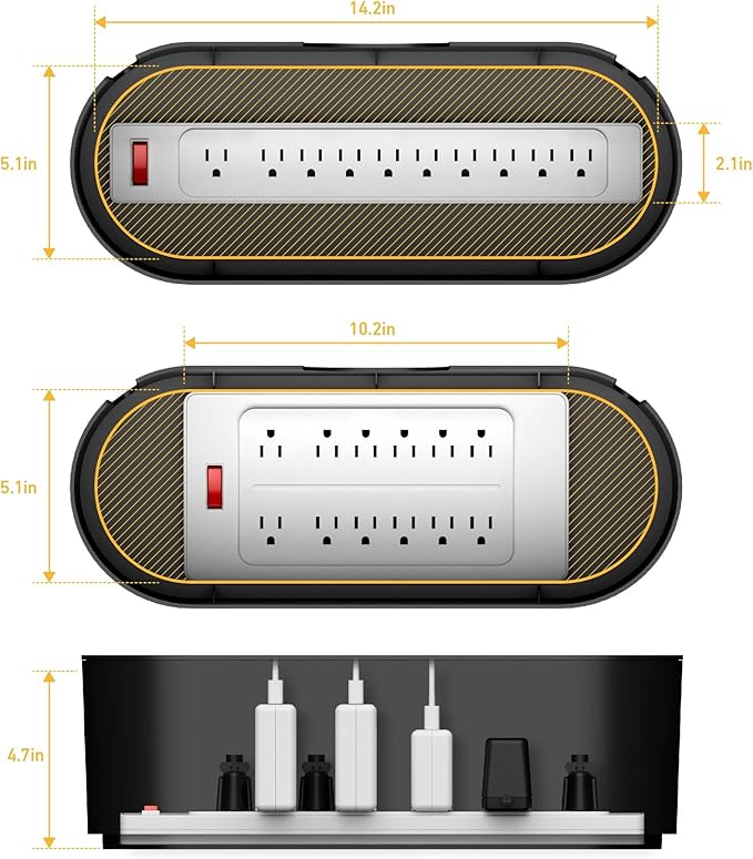 D-Line Cable Management Box, Power Strip Holder, Floor Outlet Hiders, Desk Cord Organizer, Cover TV Wires, Wire Storage, Extension Hider, Office Concealer for Cords, Baby Proof Cables - Large, Black