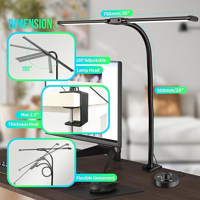 24W LED Desk Lamps for Home Office, Ultra Bright Double Head Architect Task Lamp with Clamp, Desktop Stepless Dimmer 50 Lighting Modes Adjustable Flexible Gooseneck Desk Light